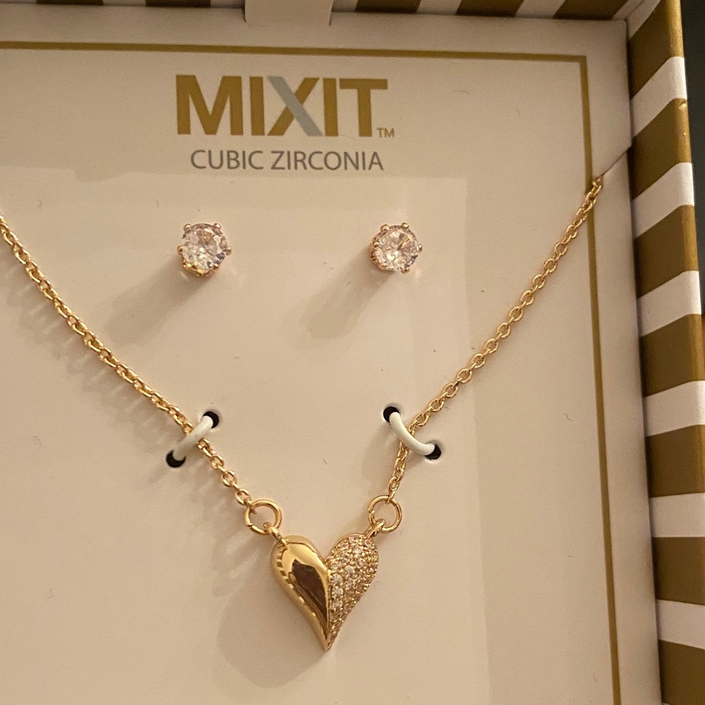 SOLD - Mixit Gold Heart Necklace with Cubic Zirconia Earrings